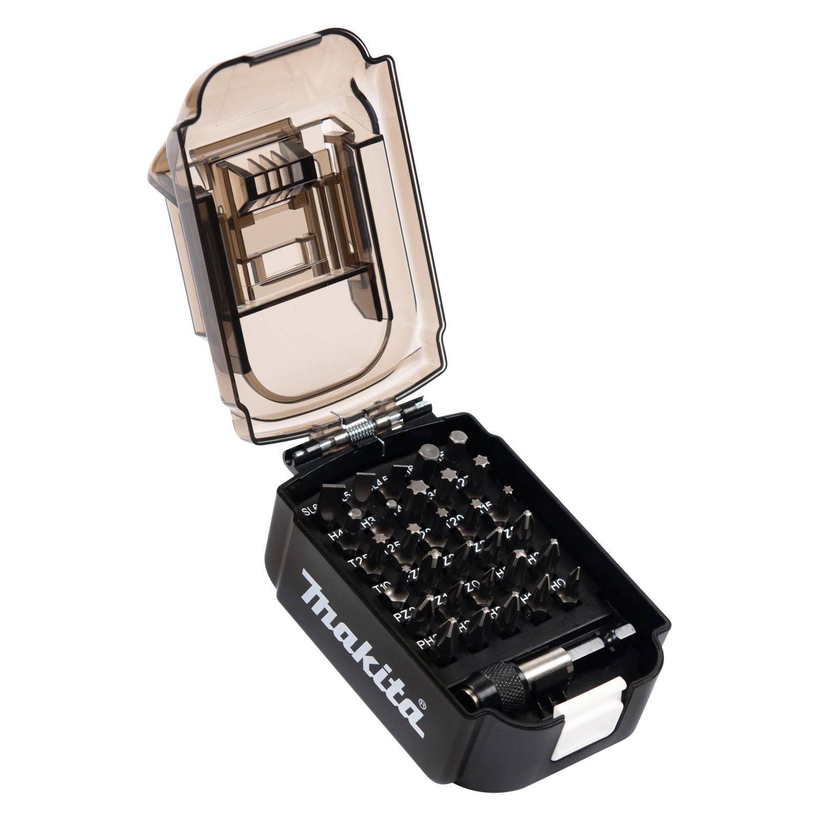 Makita 31-teiliges Bohrer-Set mit verschiedenen Bohrgrößen und -typen in einem schwarzen Koffer. Der Deckel ist geöffnet und zeigt die ordentlich sortierten Bohrer im Inneren.