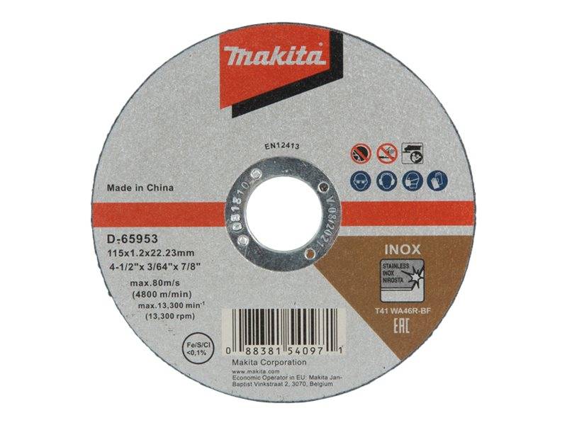Makita INOX Schleiftrennscheibe, Modell D-65953, 115 x 1,2 x 22,23 mm, wie auf dem Produktetikett dargestellt.