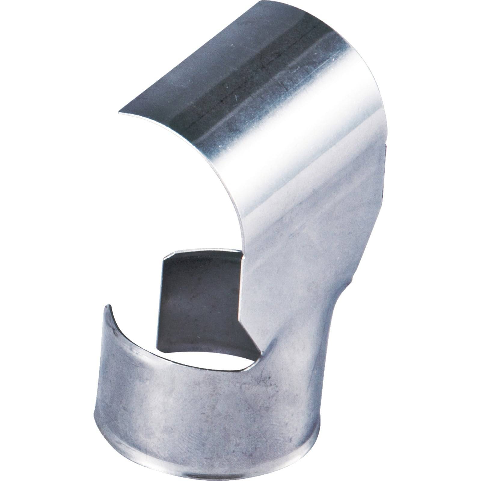 Ein glänzender Metallclip mit abgerundeter Spitze und gekrümmter Öffnung, der zum Festhalten von Gegenständen verwendet wird.