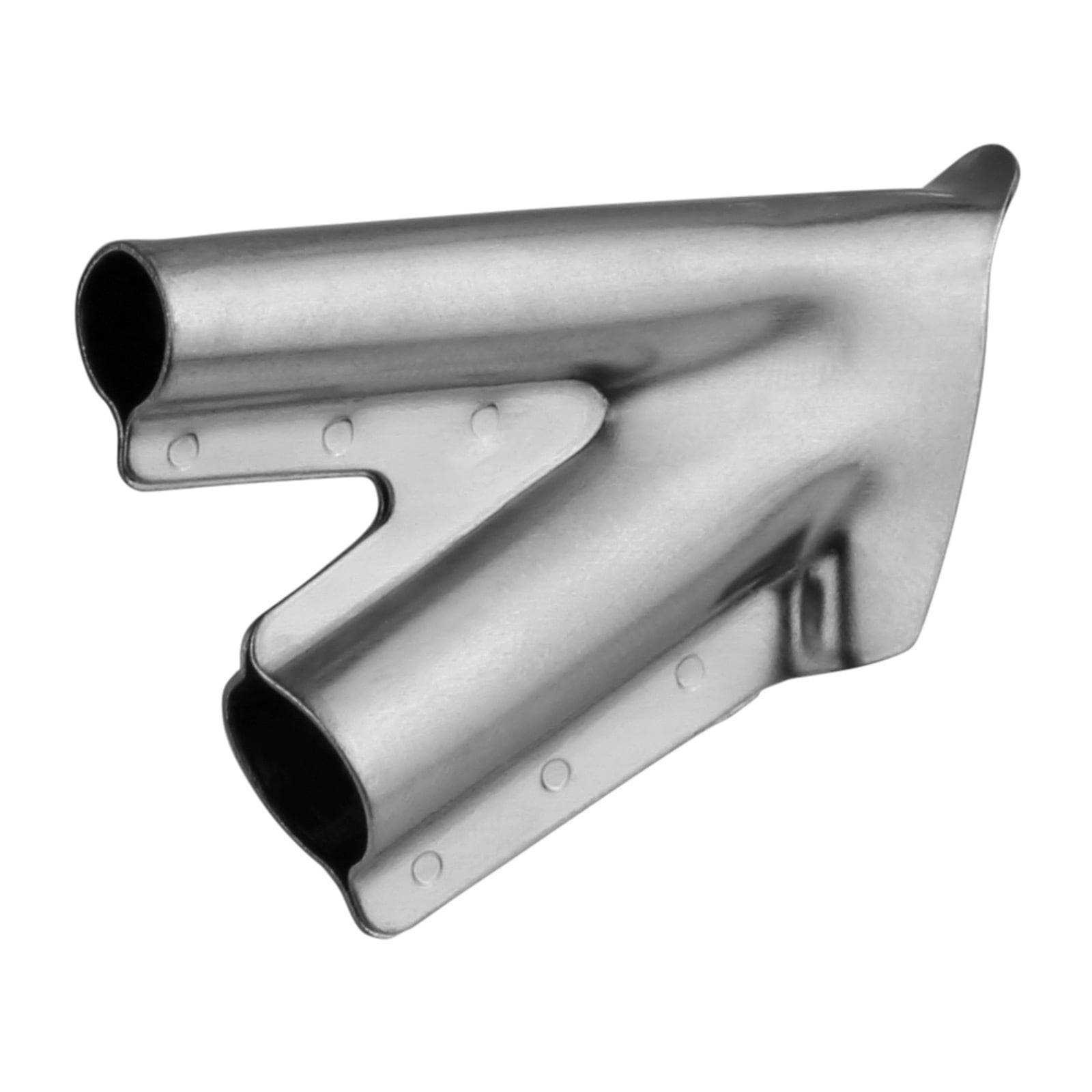Ein metallischer Auspuffkrümmer mit einer Y-förmigen Konstruktion, der zwei Eingänge und einen Ausgang aufweist, wahrscheinlich für automotive Anwendungen verwendet.