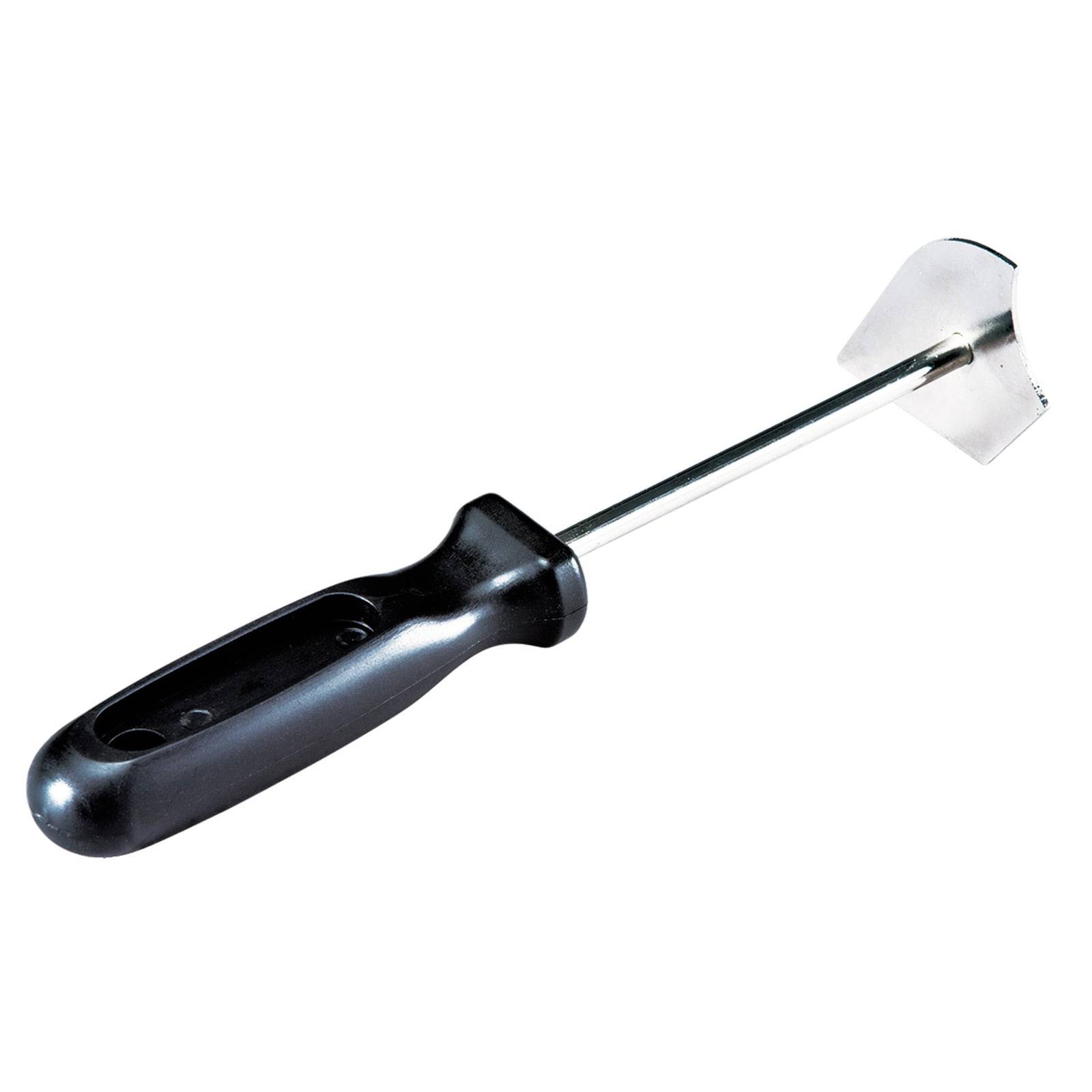 Ein Gemüseschäler aus Edelstahl mit einer horizontalen Klinge und einem schwarzen ergonomischen Griff.
