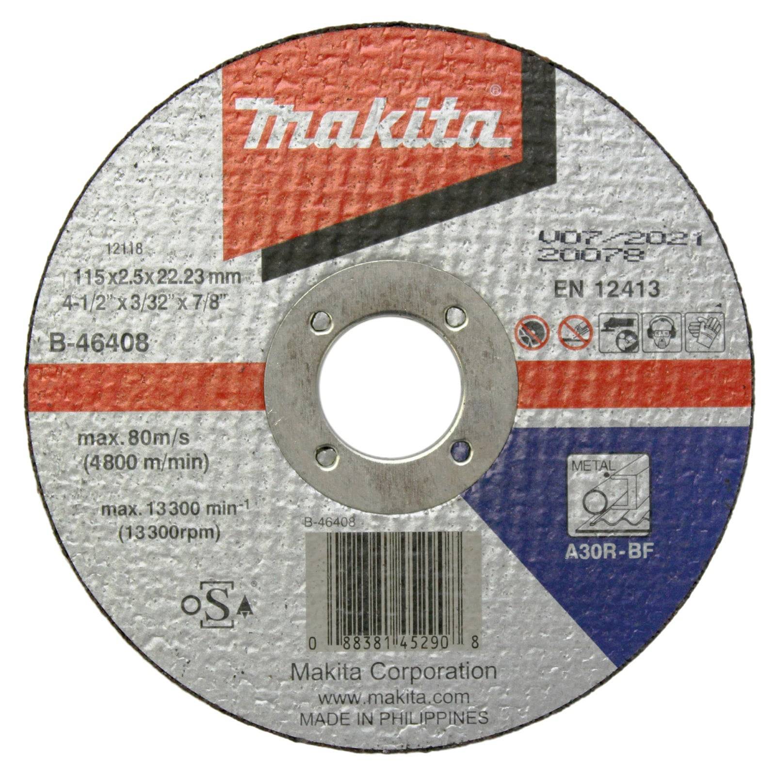 Makita' Metalltrennscheibe, Modell B-46408, Größe 115x2,5x22,23 mm. Maximale Drehzahl 13.300 U/min, 80 m/s. Konformität: EN 12413. Hergestellt in den Philippinen.