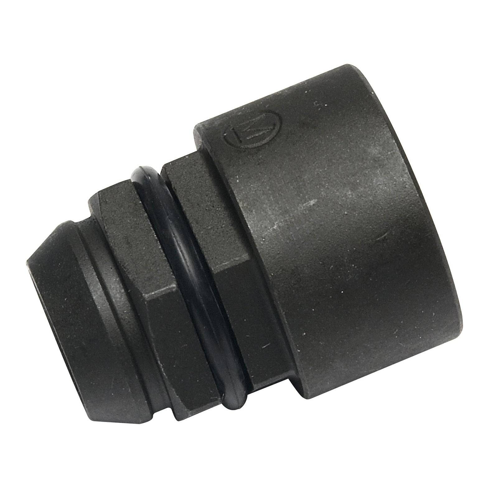 Eine schwarze hydraulische Kompressionsverschraubung mit sechseckiger Basis und zylindrischem Körper, ausgestattet mit einem O-Ring zur Dichtung.