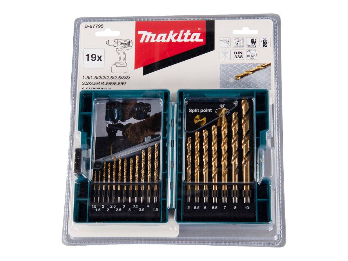 Makita 19-teiliges Bohrerset in transparenter Kunststoffverpackung, zeigt sortierte goldene Spiralbohrer für Metall und Holz.