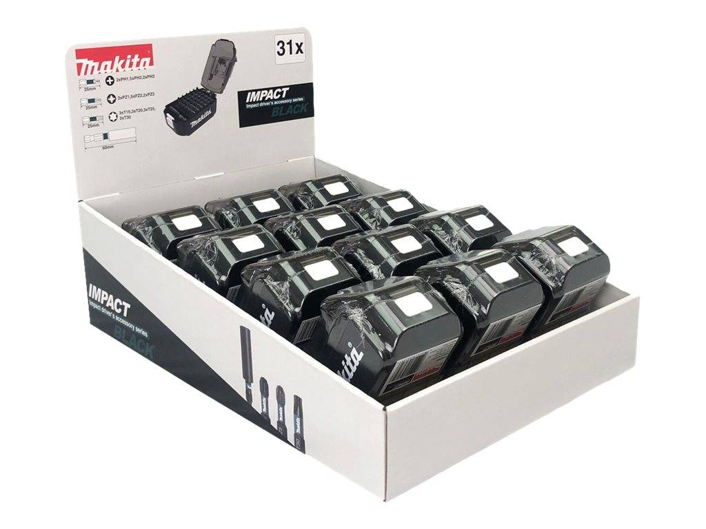 Offene Displaybox mit Makita Impact Black Bohrerspitzenkoffern, mit der Bezeichnung 31x, in Reihen für den Einzelhandelsverkauf angeordnet.