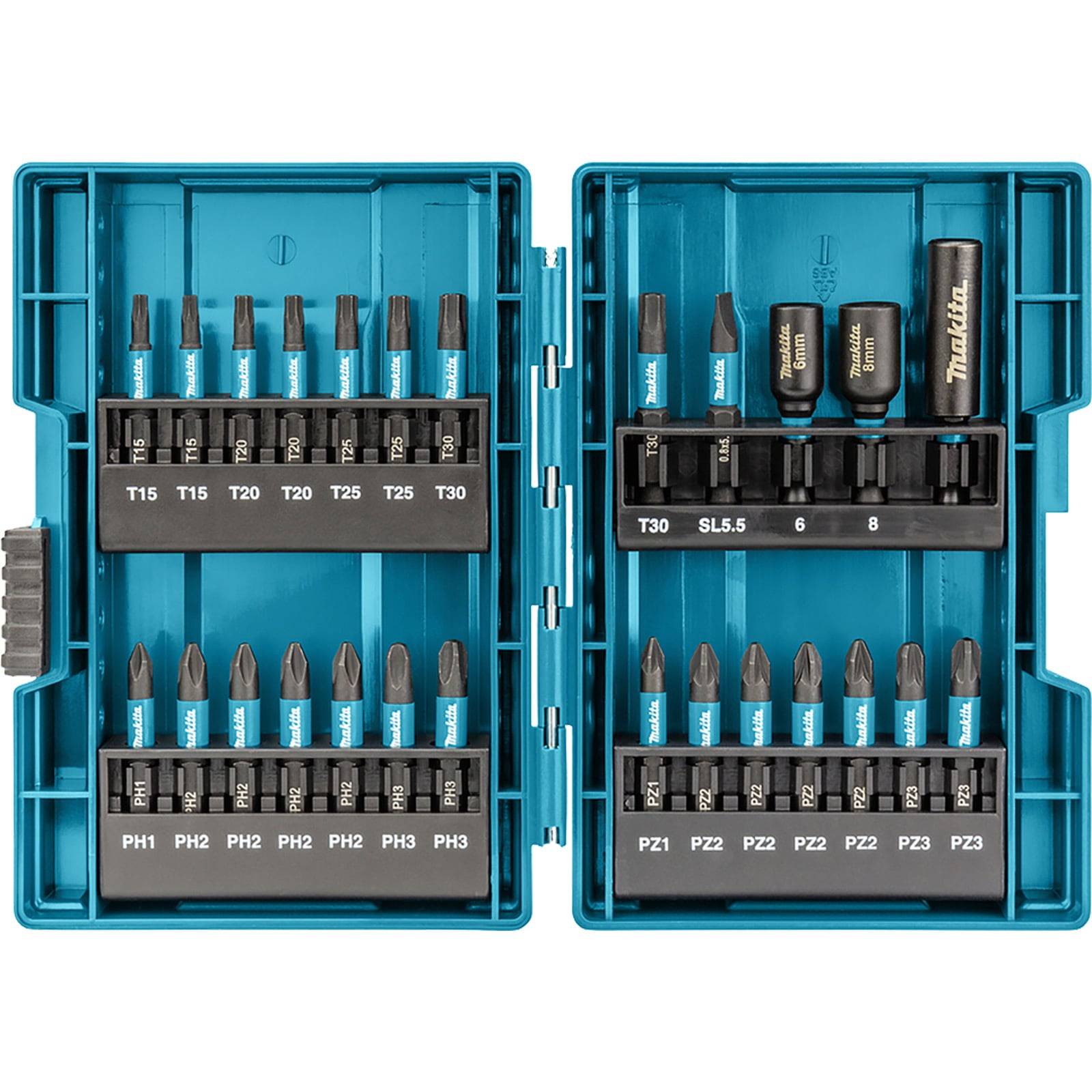Blaue Werkzeugbox öffnen, die verschiedene Schraubendrehen-Einsätze enthält, mit Größen und Typen beschriftet, geeignet für unterschiedliche Schraubenköpfe.