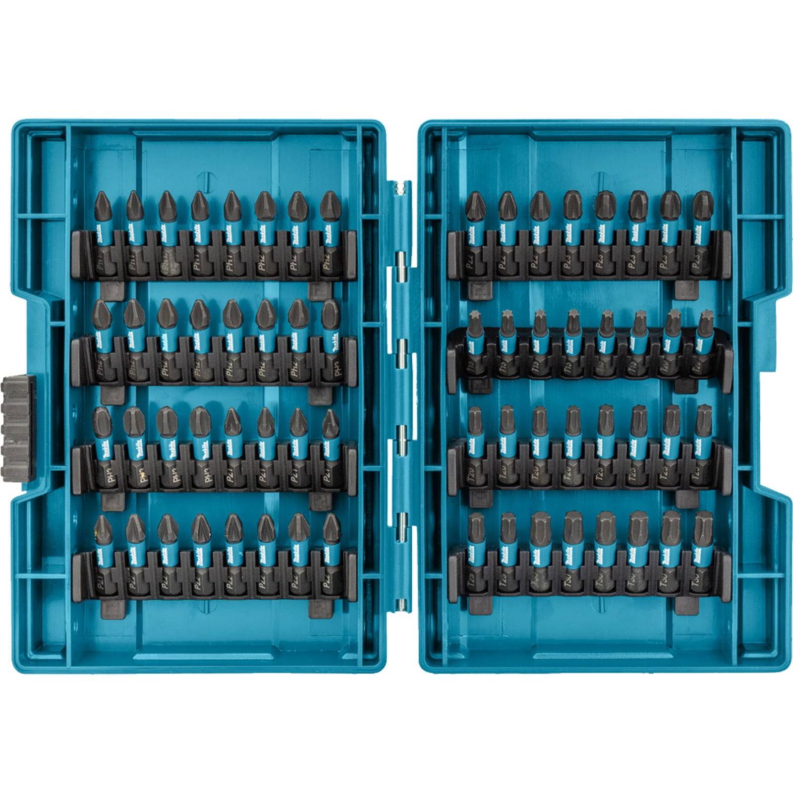 Eine offene Plastikbox, die einen sorgsam angeordneten Satz von Bohrern in verschiedenen Größen und Formen zeigt. Die Box ist blau mit Fächern für jeden einzelnen Bohrer.