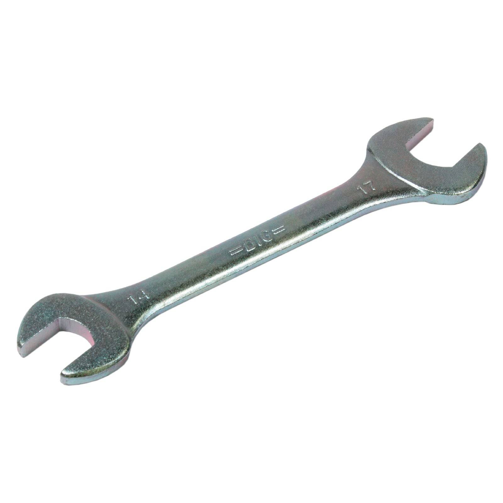 Ein Maulschlüssel aus Metall mit zwei Enden unterschiedlicher Größe, an denen nahe der Spitzen die Zahlen '17' und '19' eingraviert sind, der zum Lösen oder Festziehen von Muttern und Schrauben verwendet wird.