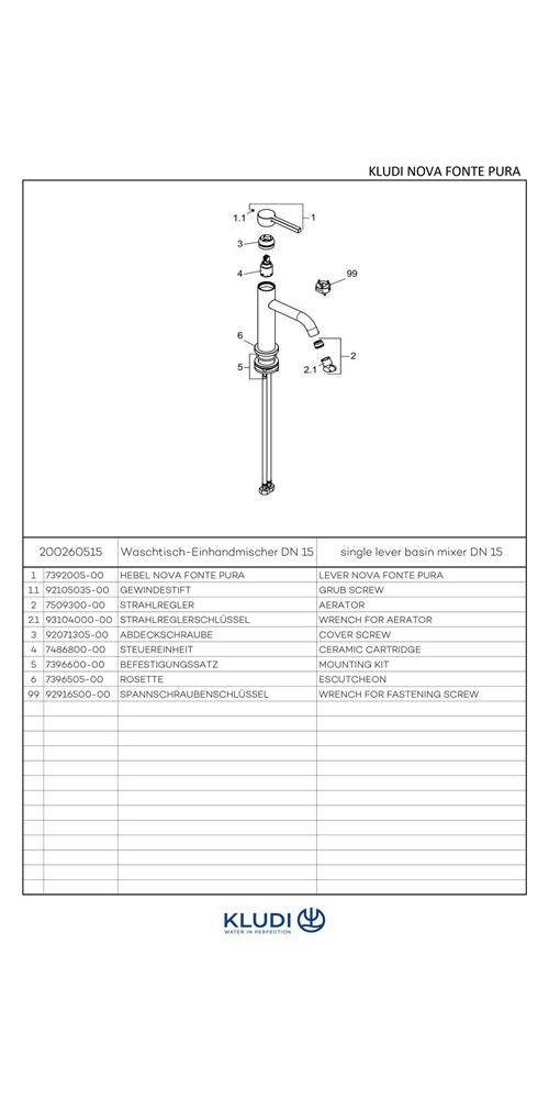 Kludi Waschtisch-EHM NOVA FONTE PURA100 ohne Ablaufgarnitur chrom