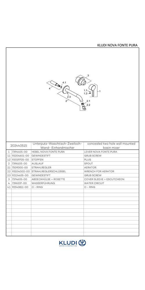 Kludi WT-Wand-EHM NOVA FONTE PURA180 ohne Ablaufgarnitur chrom