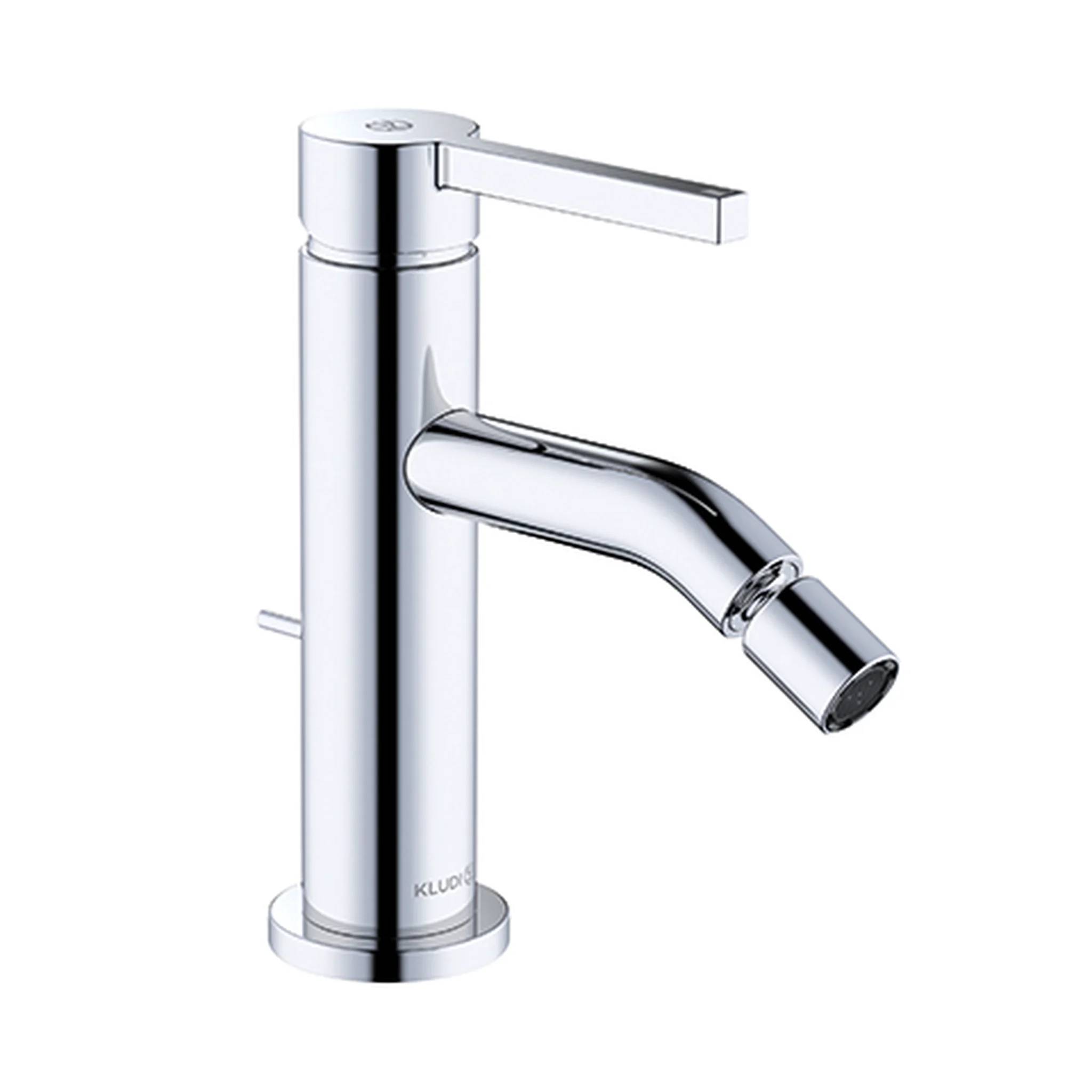 Chrome-Badezimmerhahn mit Einzelhebel und abgewinkeltem Auslauf auf weißem Hintergrund.