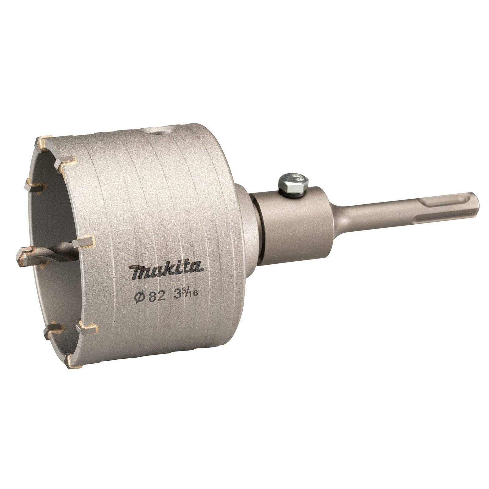 Ein Lochsägebohrer aus Metall mit Makita-Branding, der zum Schneiden großer kreisförmiger Löcher in verschiedenen Materialien konzipiert ist.