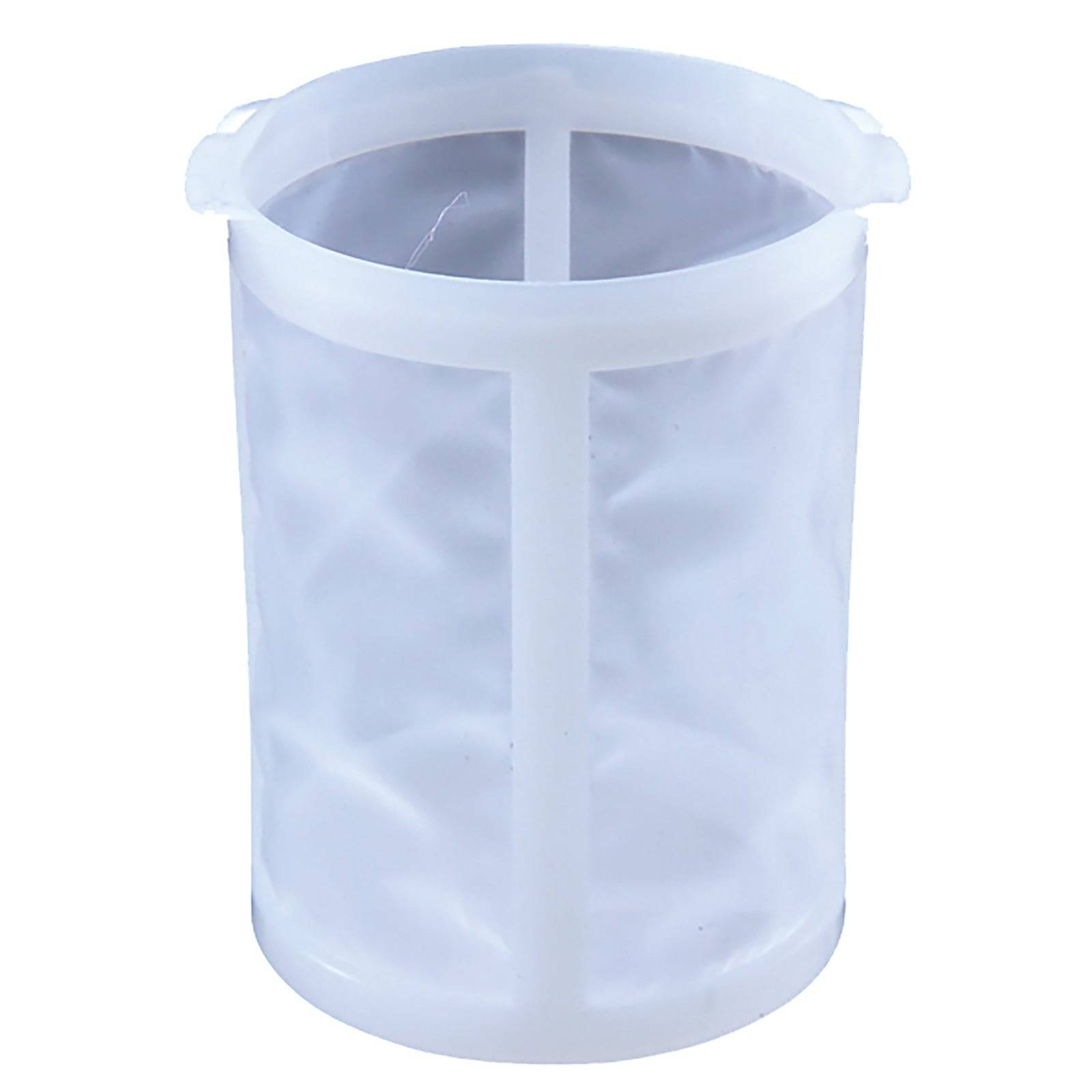 Ein weißer zylindrischer Maschen-Filter mit solidem Rand und Sockel, der zur Erfassung von Ablagerungen in Wassersystemen verwendet wird.