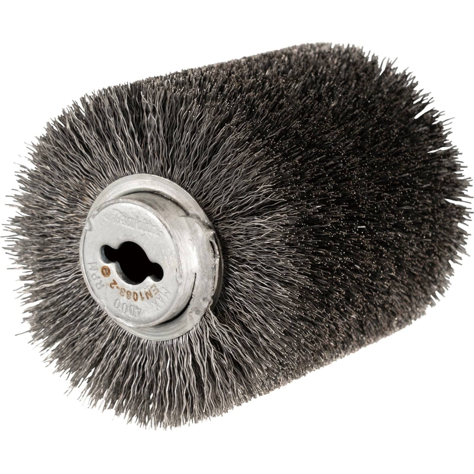 Ein zylindrischer Metallbürste mit dichten, kurzen Borsten und einem zentralen Befestigungsloch, die für industrielle Reinigungs- oder Polieraufgaben verwendet wird.