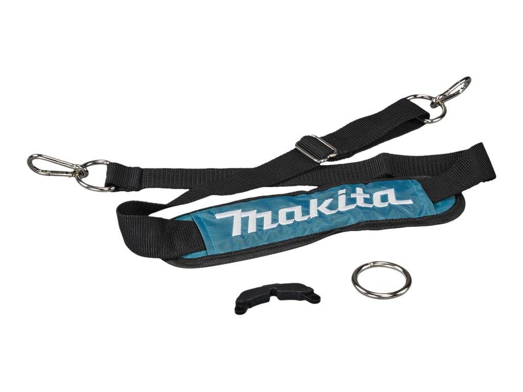 Makita gepolsterter Schultergurt mit Metallklips, plus einer kleinen schwarzen Schnalle und einem Ring auf weißem Hintergrund.