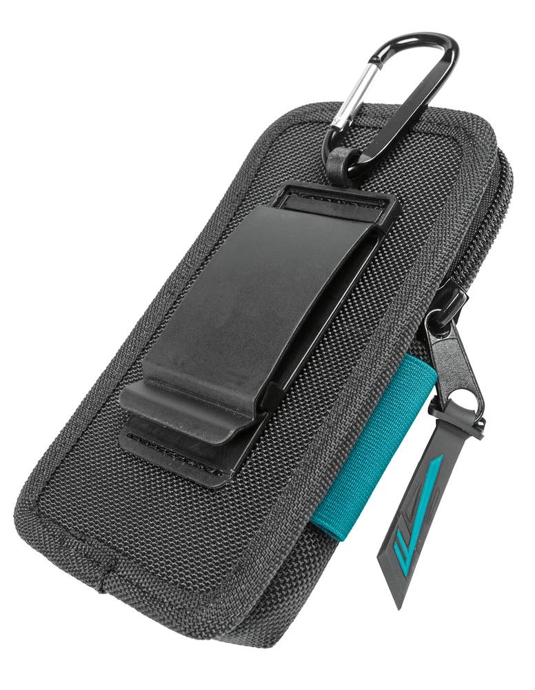Schwarze Nylon-Reißverschlusstasche mit Karabinerhaken und vorderer Handyhalterung, auf weißem Hintergrund dargestellt.