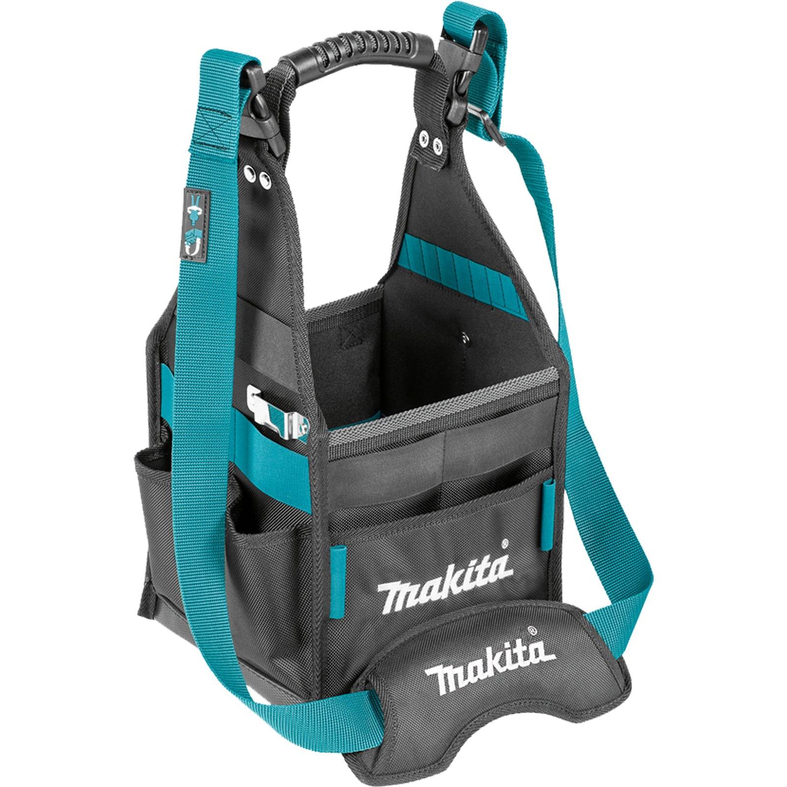 Schwarze und petrolblaue Makita Werkzeugtasche mit mehreren Taschen und gepolstertem Griff, entwickelt zum Organisieren und Transportieren von Werkzeugen.