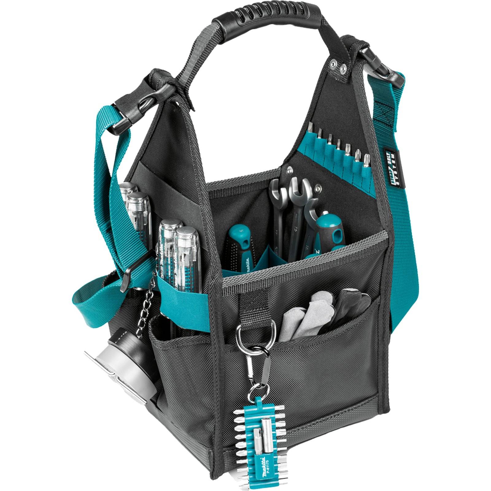 Eine Werkzeugtasche mit verschiedenen Werkzeugen wie Schraubschlüsseln, Schraubenziehern und Steckschlüsselsatz, die in Taschen organisiert sind. Sie hat einen Griff und einen Schultergurt.