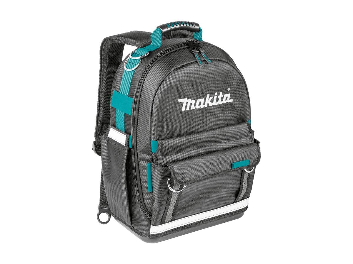 Schwarzer Makita-Rucksack mit blaugrünen Akzenten, vordere Reißverschlusstasche, Seitentaschen und gepolsterte Schultergurte, auf weißem Hintergrund abgebildet.