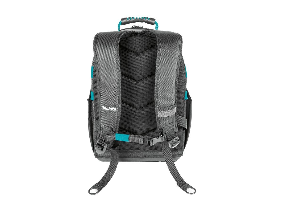 Schwarzer Makita-Rucksack mit Teakots-Akzenten, von hinten gezeigt mit gepolsterten Schultergurten und hängenden unteren Riemen auf weißem Hintergrund.