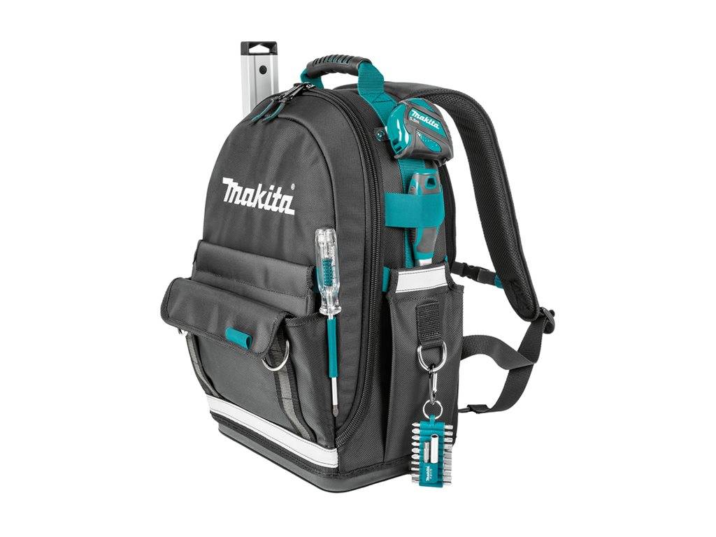 Schwarze Makita-Rucksack-Werkzeugtasche mit Petrolblau-Akzenten, Seitentaschen und einem Riemen zum Halten von Handwerkzeugen auf weißem Hintergrund.