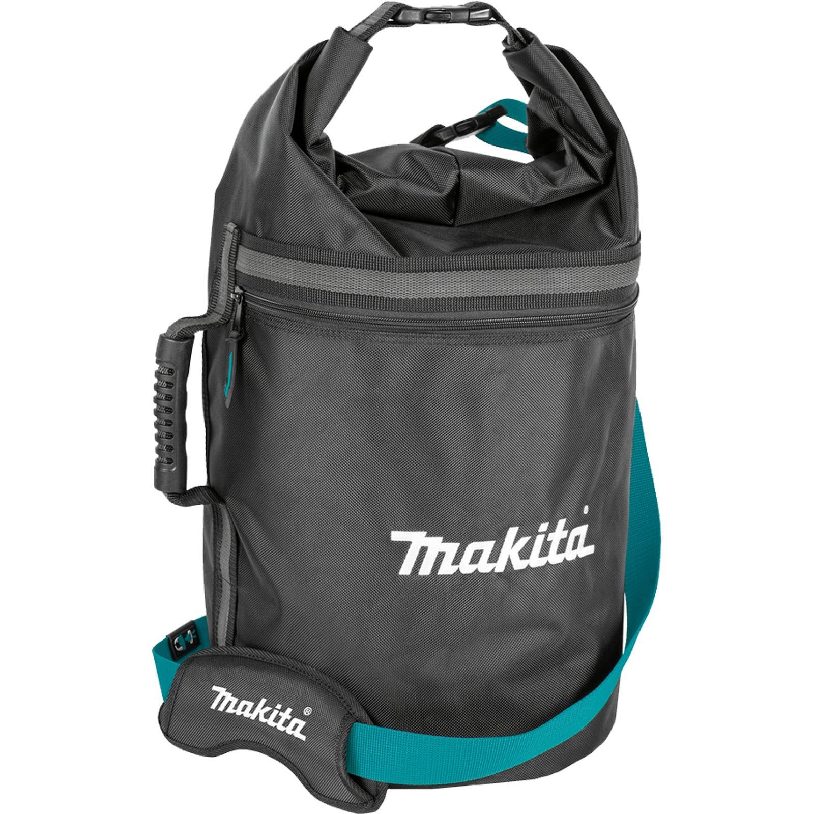 Eine schwarz-petrolblaue Makita Werkzeugtasche mit einem Reißverschlussabteil, seitlichem Griff und Schultergurt für einfachen Transport.