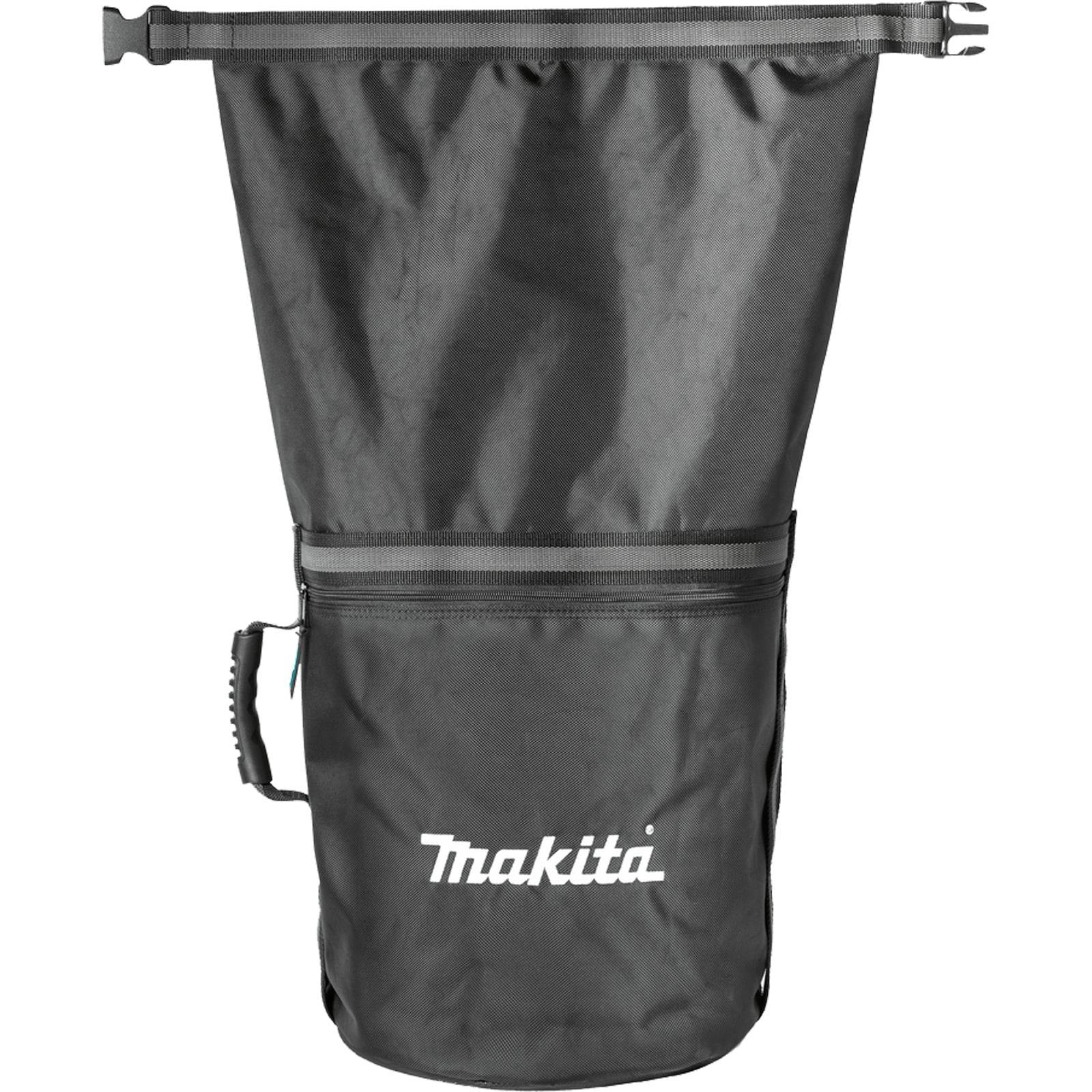 Eine schwarze, zylindrische Werkzeugtasche mit dem weißen 'Makita' Logo am unteren Ende, ausgestattet mit einem Griff und Reißverschlüssen an der Ober- und Mittellseite.