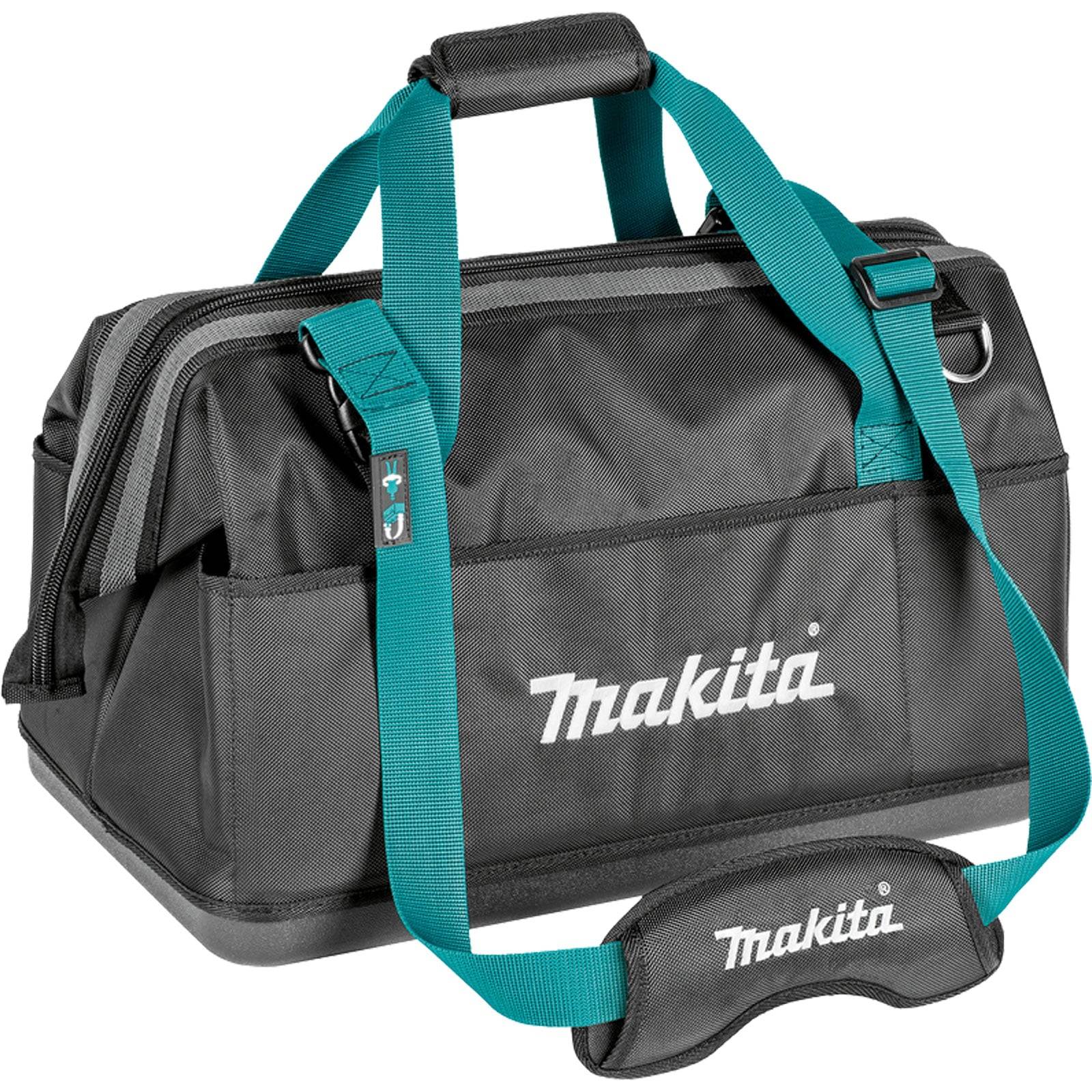 Werkzeugtasche der Marke 'Makita' in Schwarz und Petrolblau mit Schultergurt, Reißverschluss und mehreren Fächern, speziell entwickelt zum Transport von Werkzeugen.