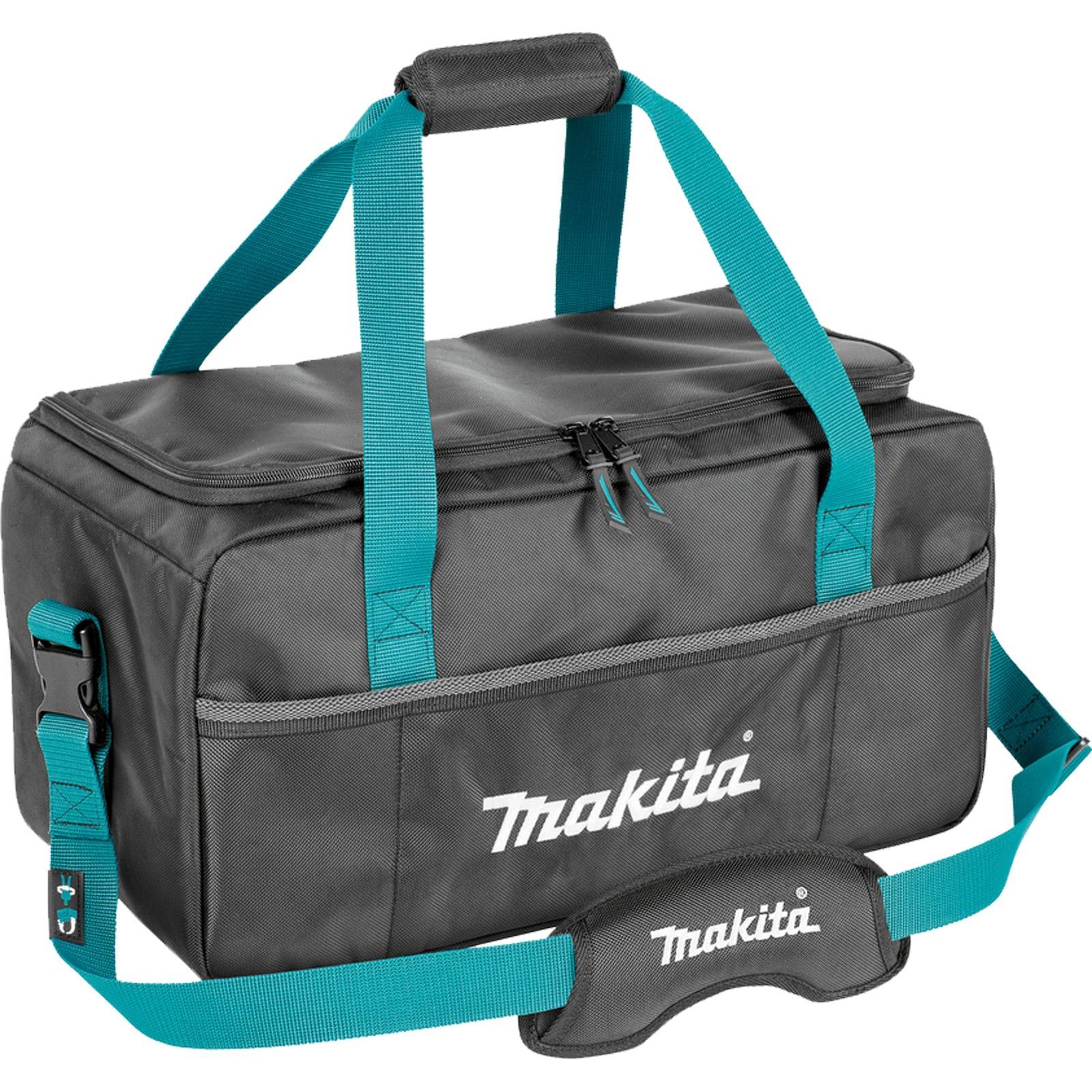 Werkzeugtasche der Marke Makita in Grau und Türkis mit Schultergurt und Tragegriffen.
