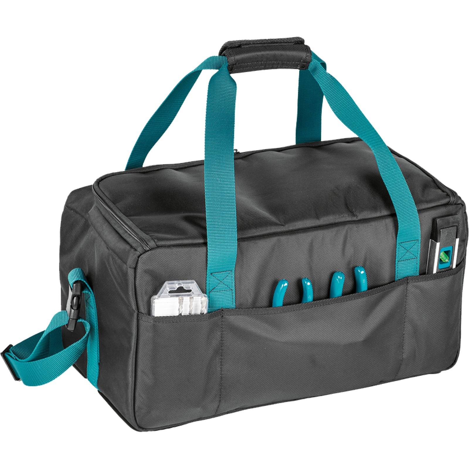 Eine schwarze Werkzeugtasche mit türkisfarbenen Griffen und Taschen, die verschiedene Werkzeuge und ein verpacktes Artikel an der Seite enthält.