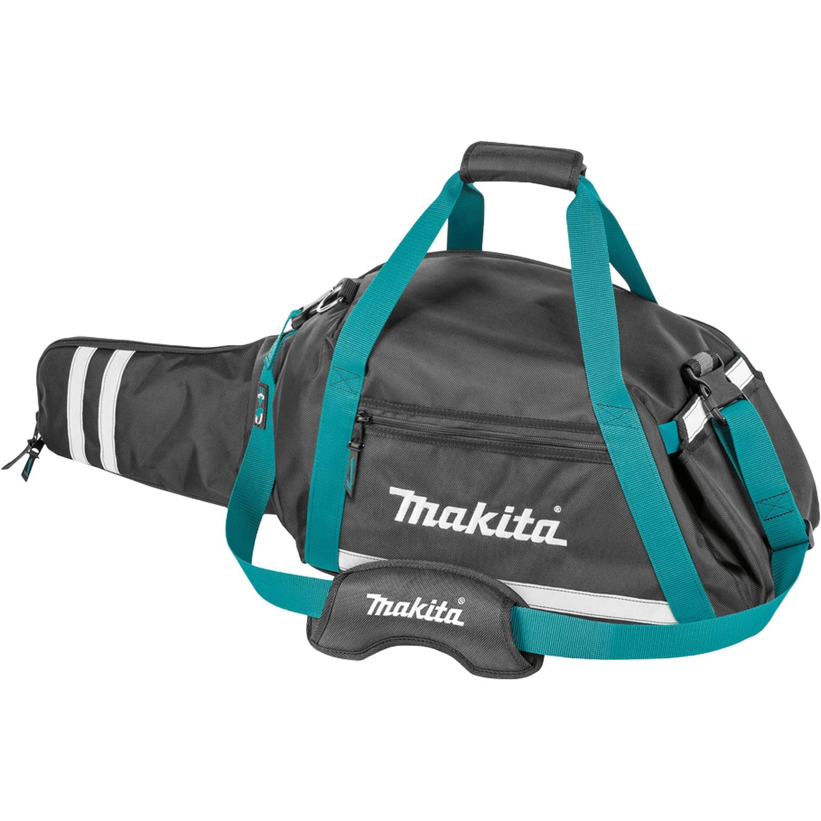 Graue und petrolblaue Makita Werkzeugtasche mit Griff und Schultergurt, entwickelt zum Tragen von Ausrüstung, mit prominent platziertem Makita Logo.