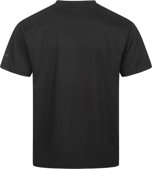 Schwarzes, kurzärmliges Baumwoll-T-Shirt, von hinten auf weißem Hintergrund gezeigt.