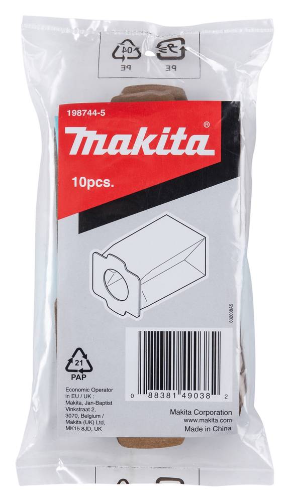 Packung mit Makita 10er-Set Staubsäcke, Modell 198744-5, mit Barcode und Produktabbildung.