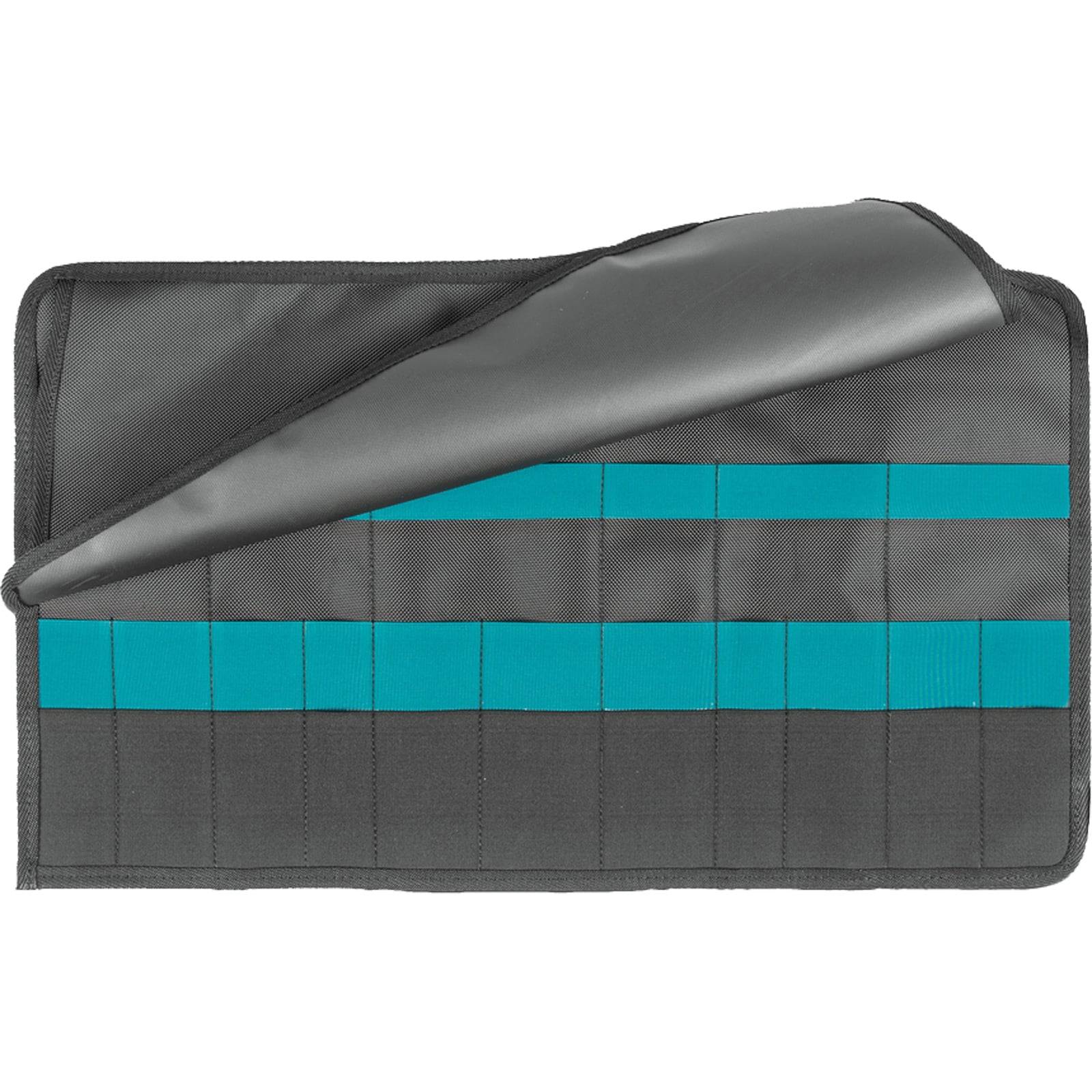 Ein grauer und petrolblauer faltbarer Organizer mit mehreren Taschen, entfaltet, um Aufbewahrungsfächer zu zeigen. Geeignet für Werkzeuge oder Zubehör.