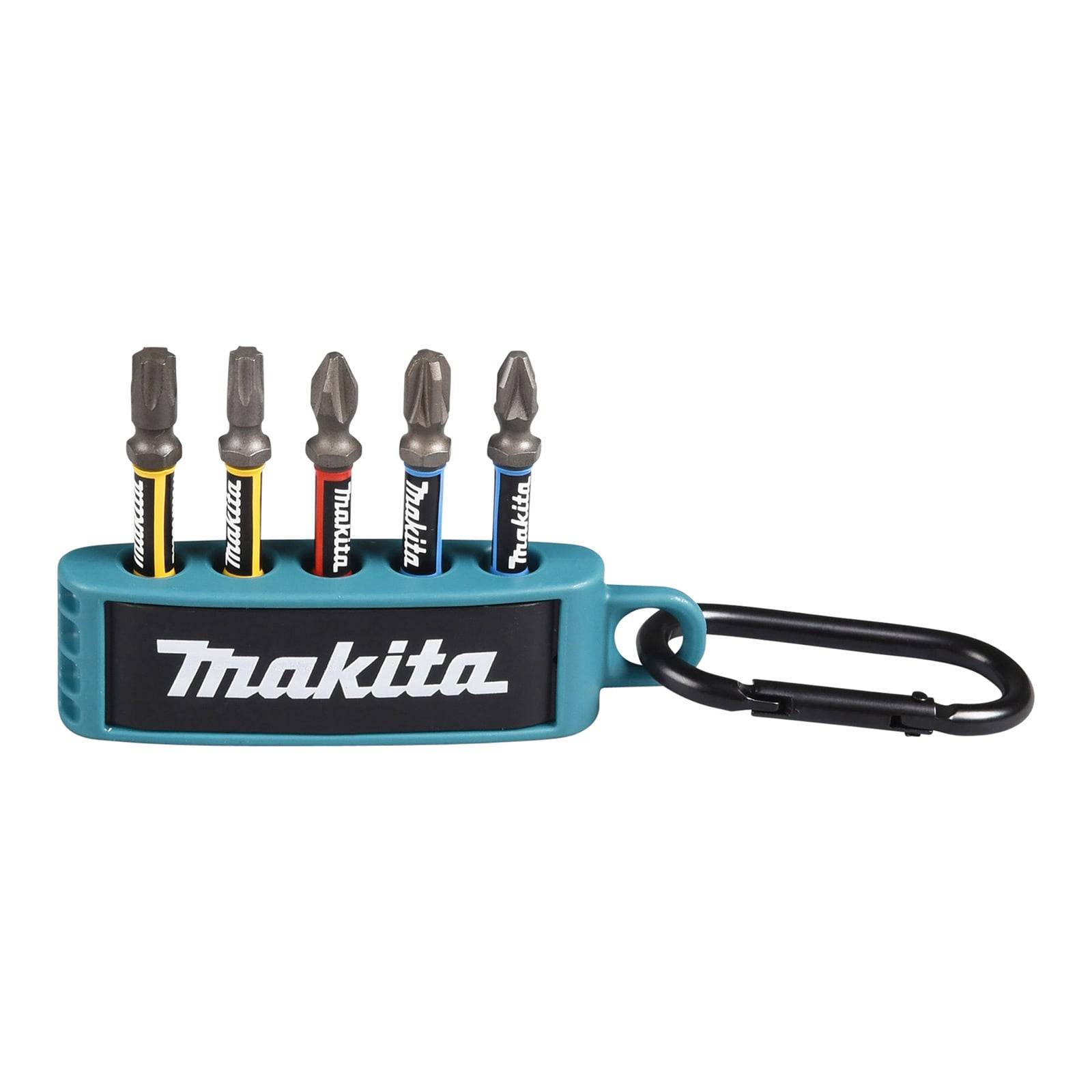 Makita-Halterung mit fünf Schraubendrehereinsätzen und einem Karabiner.