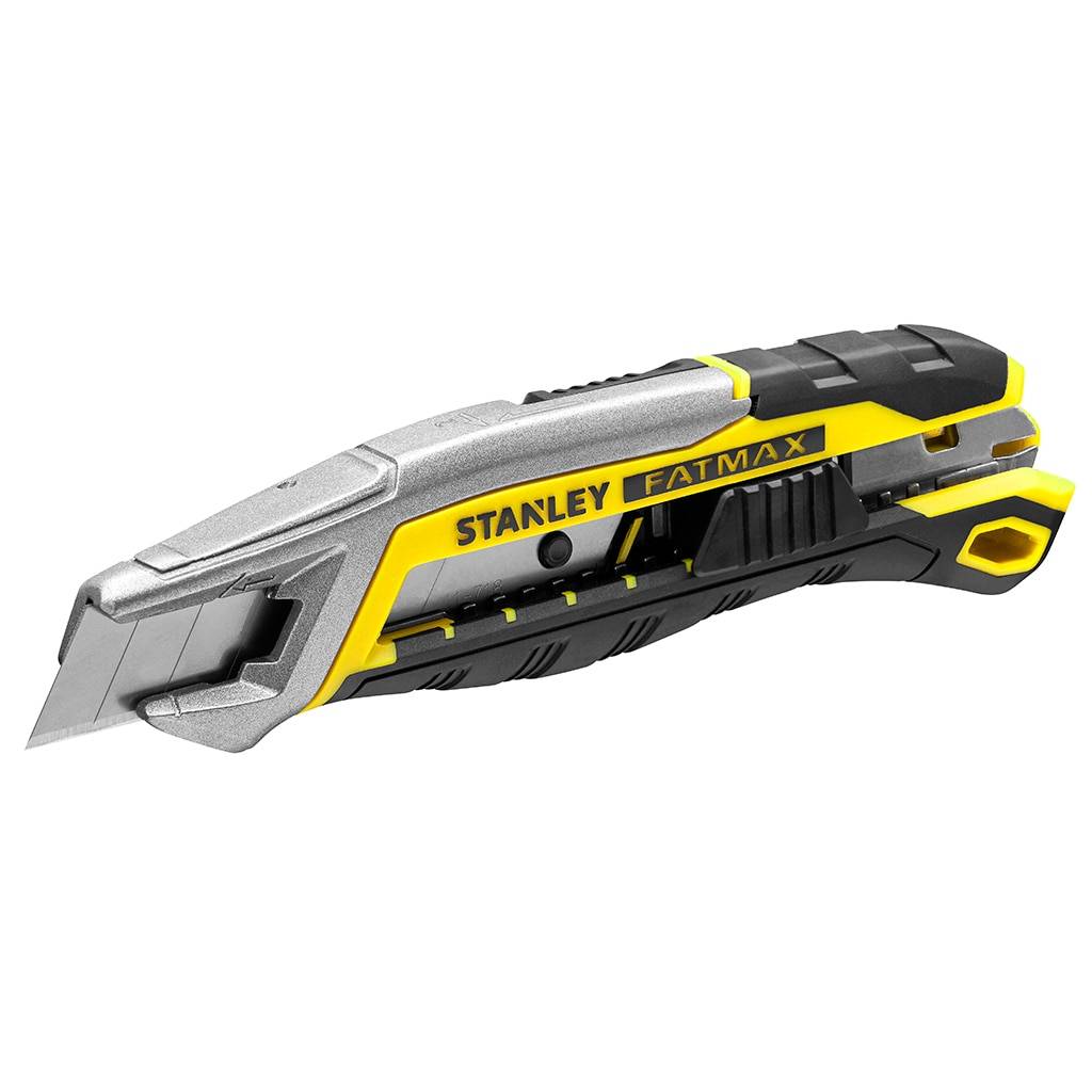 Stanley FatMax Universalmesser mit einziehbarer silberner Klinge und schwarz-gelbem Griff auf weißem Hintergrund.