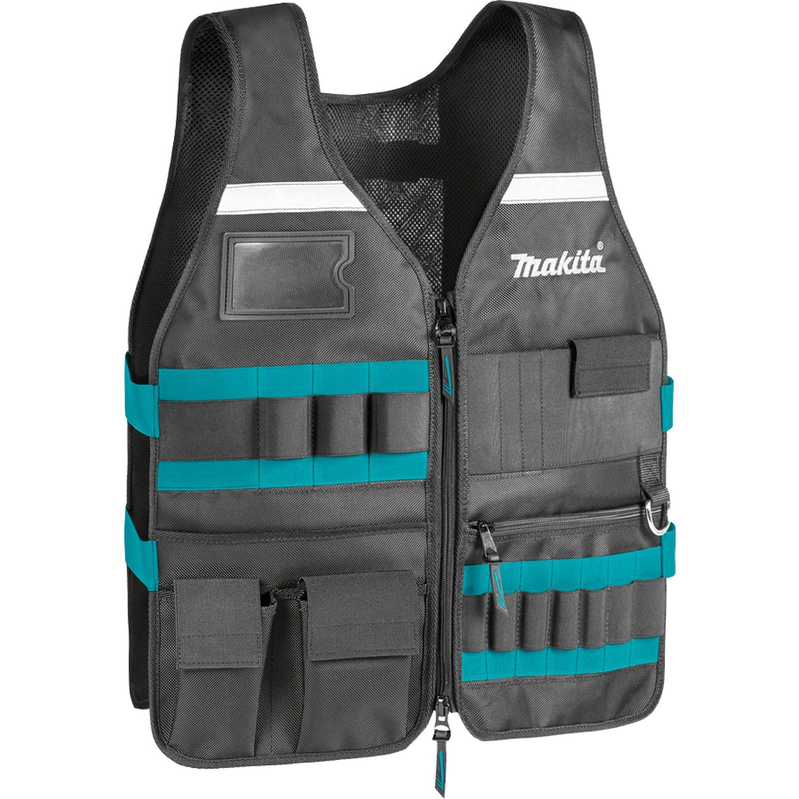 Schwarze und petrolblaue Werkzeugtasche mit mehreren Taschen und 'Makita' Logo, entwickelt für professionellen Einsatz und erleichtertes Werkzeug-Handling und -Aufbewahrung.