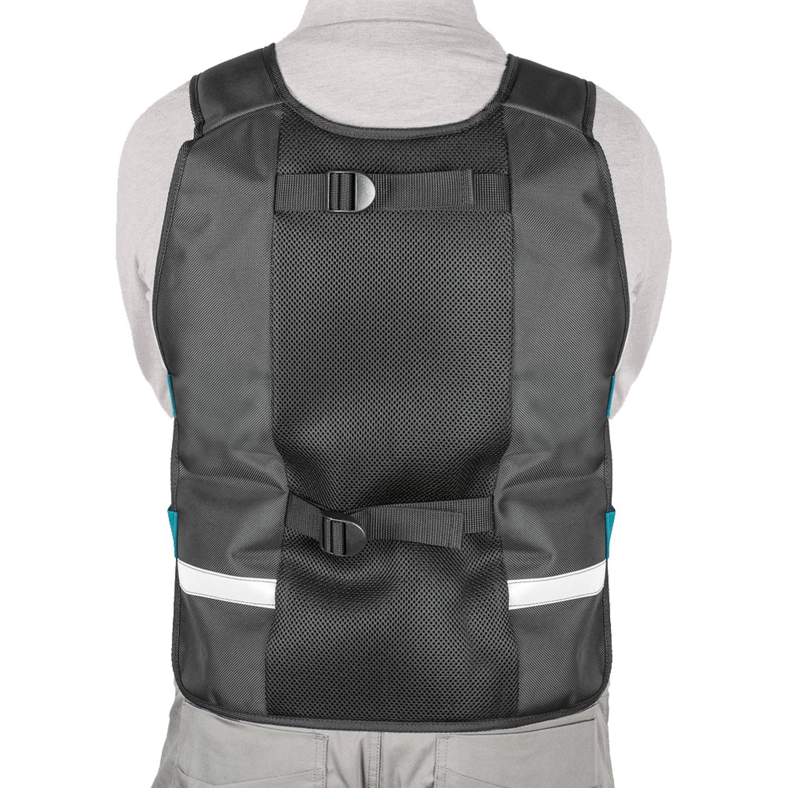 Rückansicht einer Person, die eine schwarze und graue Motorradweste aus Netzstoff mit reflektierenden Streifen trägt.