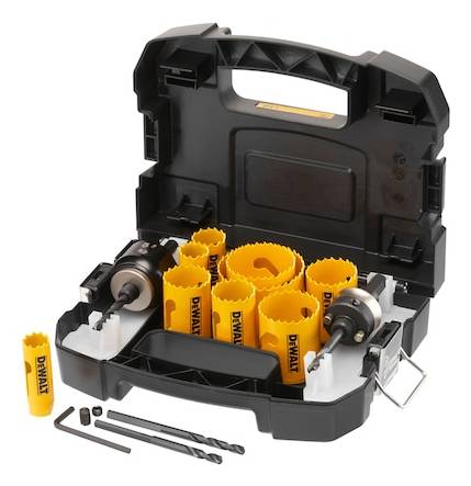 DeWalt Lochsägen-Set für Bohrmaschinen in schwarzem Koffer mit gelben Lochsägen, Dorne, Bohrern und Zubehör ordnungsgemäß verstaut im Inneren.