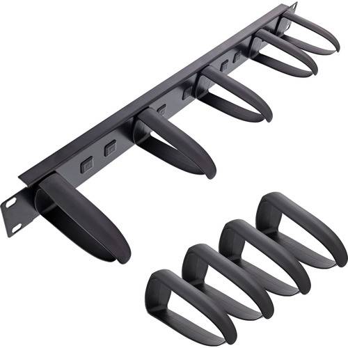 Kabelmanagement-Gestell mit fünf abnehmbaren Haken zum Organisieren und Sichern von Kabeln. Schwarze Farbe, für die Verwendung in Netzwerk-Setups konzipiert.