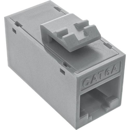 Grauer CAT6A-Keystone-Anschluss für Ethernet-Verbindungen mit rechteckigem Design und abnehmbarem Deckel für sichere Kabelintegration.
