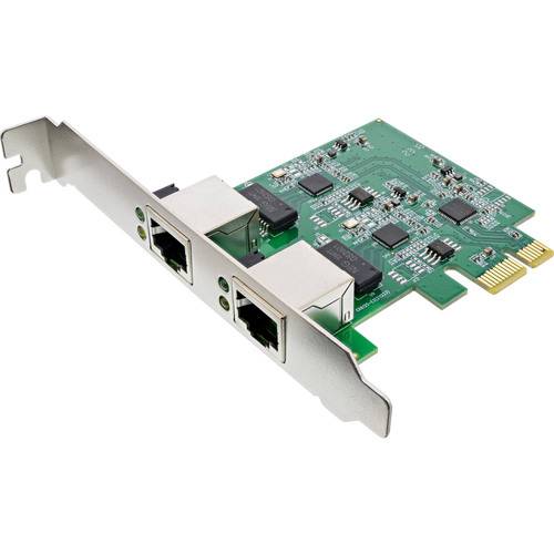 Ethernet-Netzwerkkarte mit zwei LAN-Anschlüssen, grüne Leiterplatte, Metallhalterung zur Montage, für Desktop-Computer ausgelegt.