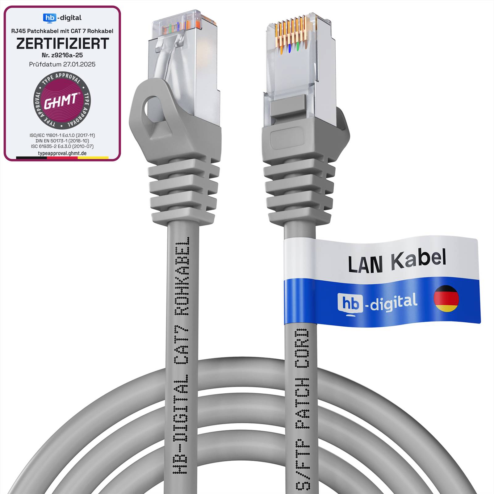 hb-digital 10x Netzwerkkabel 7.5m CAT7 RJ45 S/FTP PiMF LSZH AWG 26 halogenfrei grau