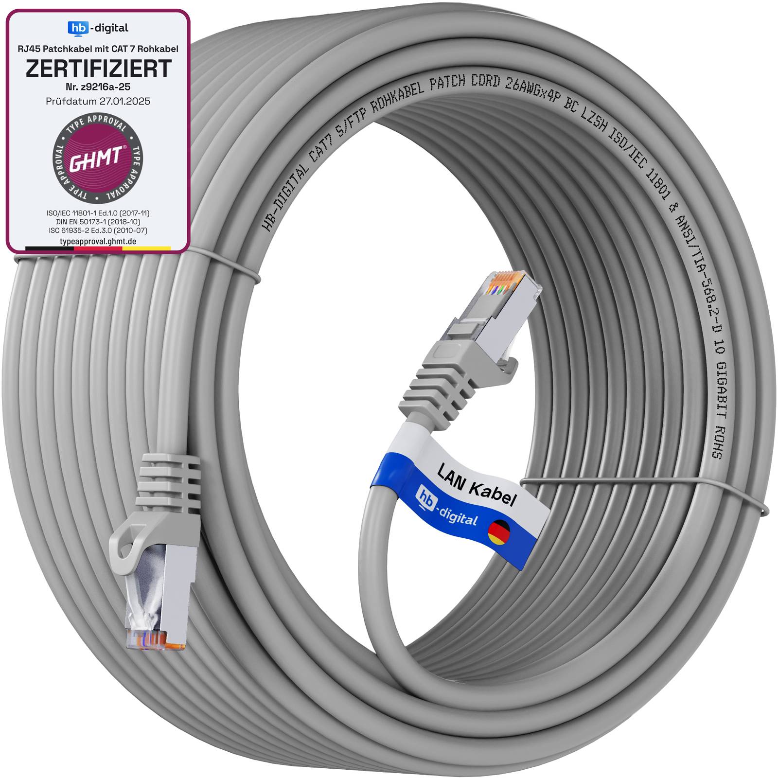 hb-digital Patch Kabel CAT7 Rohkabel RJ45 S/FTP PiMF LSZH 10m grau