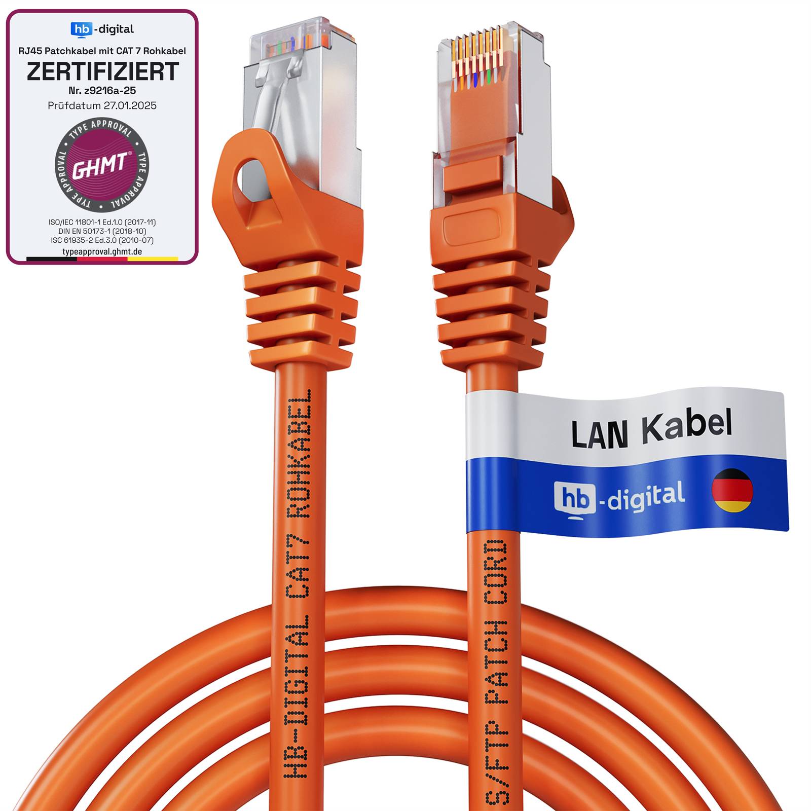hb-digital Netzwerkkabel CAT7 Rohkabel S/FTP PiMF LSZH 1m orange