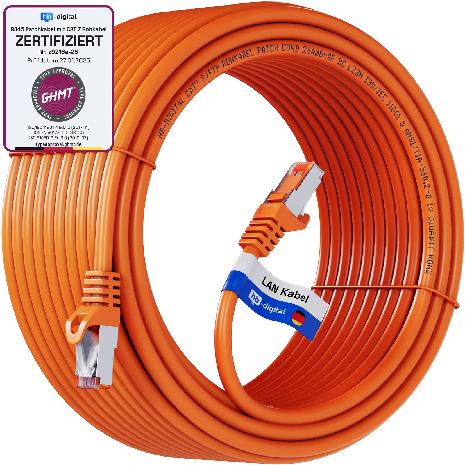 hb-digital Netzwerkkabel CAT7 Rohkabel S/FTP PiMF LSZH 30m orange