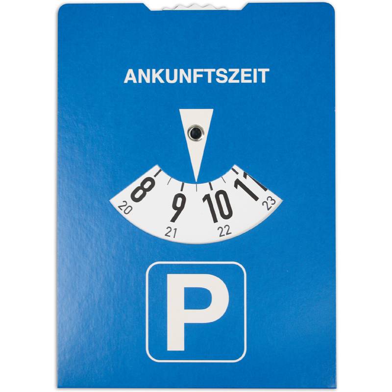 Blauer Parkplatzscheibe mit der Aufschrift „ANKUNFTSZEIT