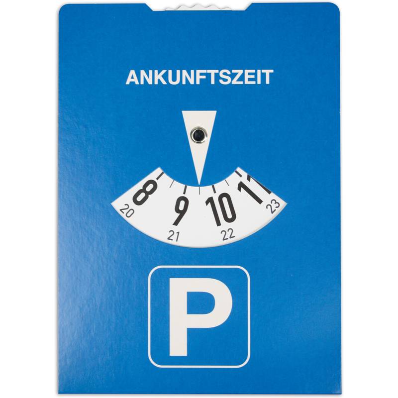 Blaue Parkscheibe mit 'ANKUNFTSZEIT' und Zeiger auf 10 eingestellt. Parkzeichen 'P' darunter.