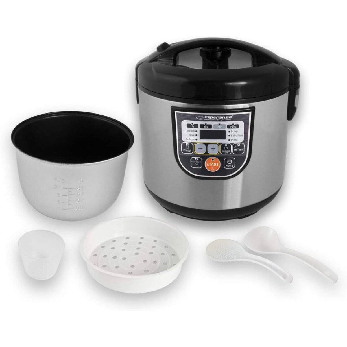 Esperanza EKG011 860W Edelstahl-Multikocher mit Zeitschaltuhr und LCD-Display 5 L Silber-Schwarz