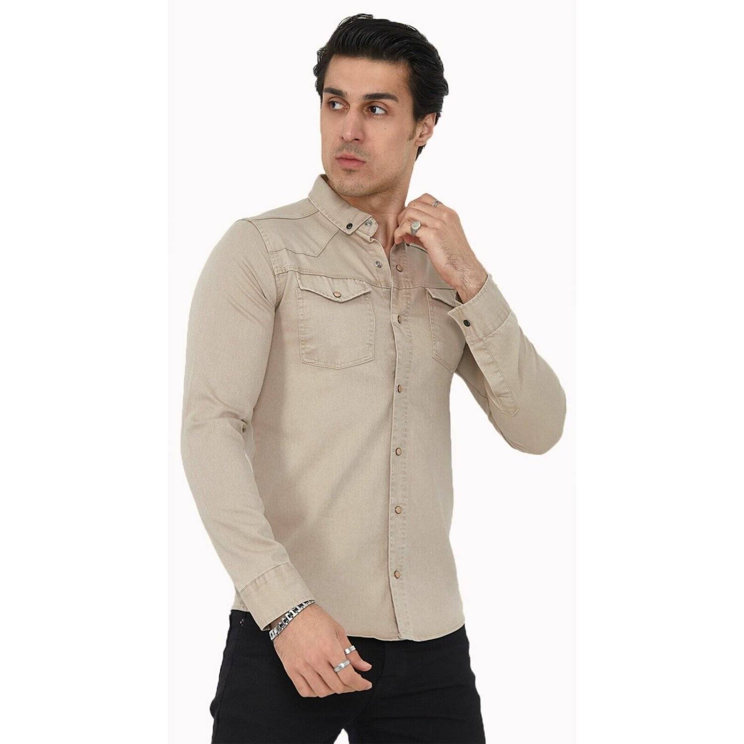 Premium Herren Hemd Basic Freizeithemd dickes Hemd Unifarben Langarm Slim-Fit 100% Baumwolle 6XL Beige